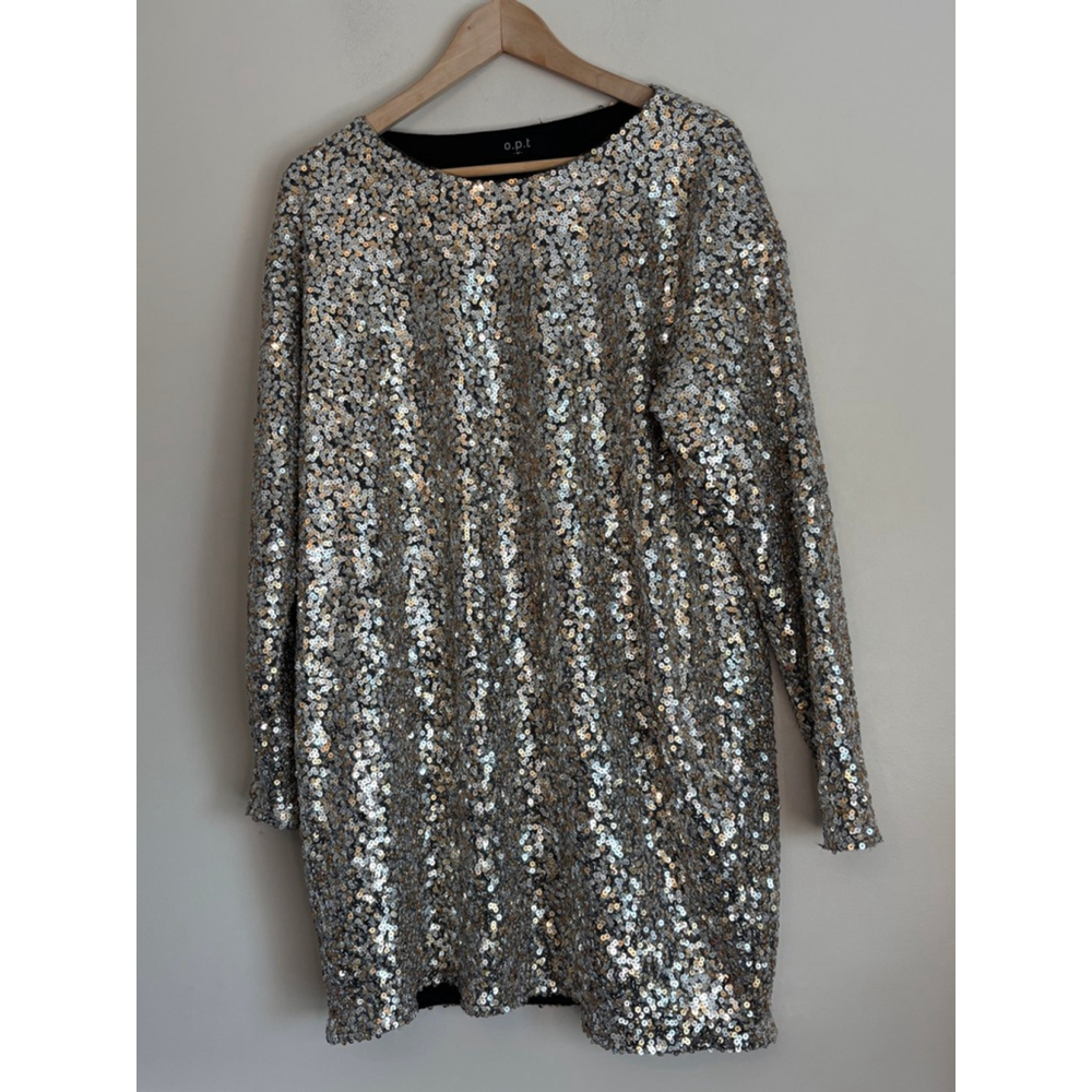 Anthropologie OPT Silver Sequin Long Sleeve Sheath Dress Medium Festival Sexy - Picture 3 of 11